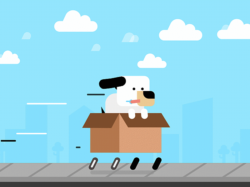 DogInBox 2d after effect animation animation 2d box character clouds dog ears fast gif houses motion motion design puppy racer road speed speedline whoosh