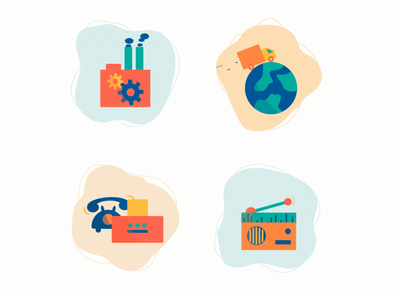 Icons (part1) 2d animation building earth factory fax icon icons machine motion motion design printer radio smoke sound tape recorder telephone truck ui vector