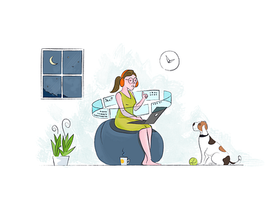 Work from home backend business character corporate data dog flat illustration hand drawn office playful support system web illustration website wfh work from home