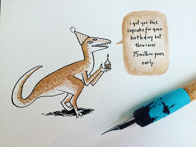 Birthday Velociraptor bday birthday card cupcake dinosaur illustration ink prehistoric raptor velociraptor watercolor
