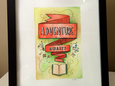Adventure Awaits adventure awaits books illustration library literature map pirate reading skull treasure watercolor