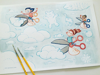 KinderCare Art - Scissors art birds children clouds fantasy illustration ink kids scissors watercolor