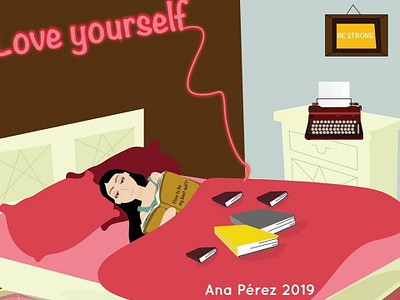 Love Yourself books design design illustration women happiness anaperez happiness illustration loveyourself peace read typewriter vector