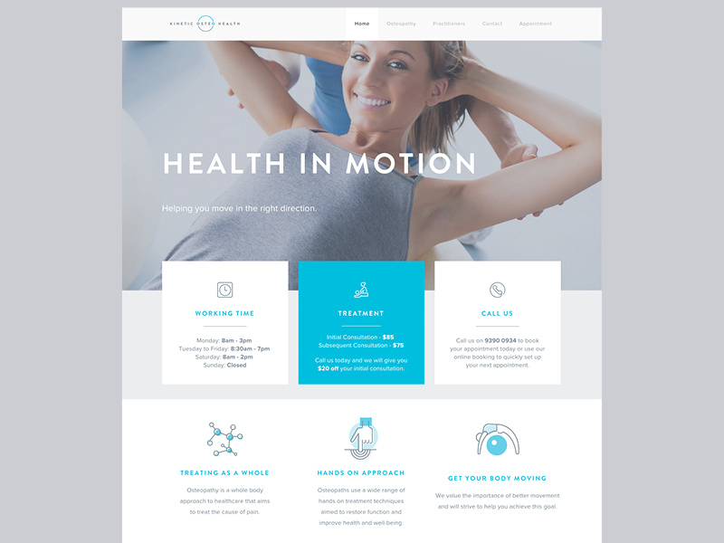 Kinetic Osteo Health website motion grey blue responsive ux ui website osteopath health osteo kinetic