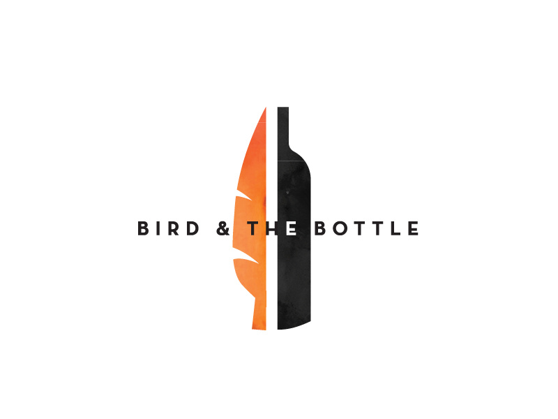 Bird and the Bottle Logo 1 split balance half typography icon feather orange black logo bottle bird