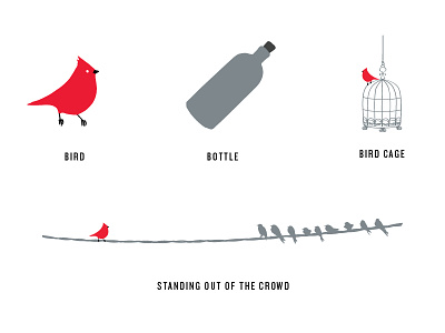 Bird and the Bottle Illustrations bird bottle cage drawn elements flat grey icons logo red typography wire