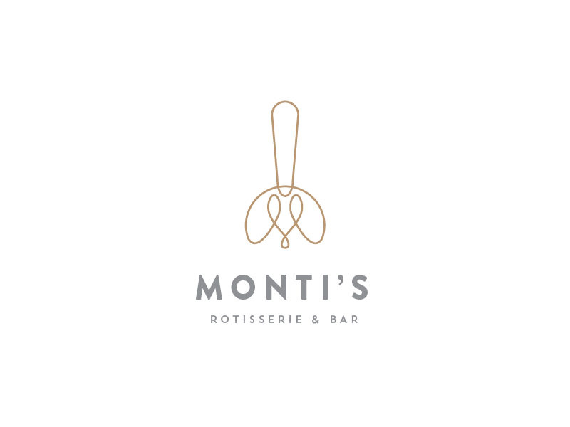 Monti's Rotisserie and Bar Logo Concept 1 line elegant bottle fork loop monogram m drinks bar rotisserie montis