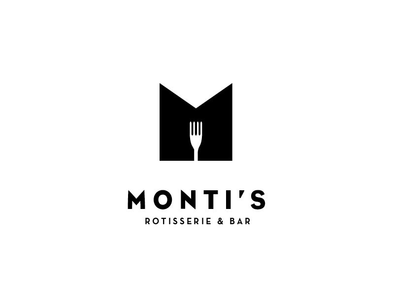 Monti's Rotisserie and Bar Logo Concept 2 logo fat thick bold fork loop monogram m drinks bar rotisserie montis