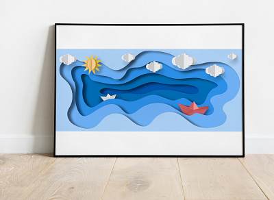 little papercut boat, drifting on papercut waves cutout illustration illustrator paper boat papercut sea