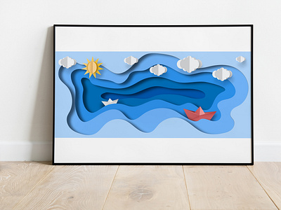 little papercut boat, drifting on papercut waves