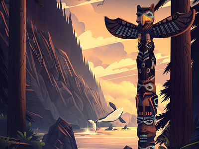 Wings Over Washington · The Forest coastline forest illustration nature ocs orca outdoors poster retro totem pole vintage washington