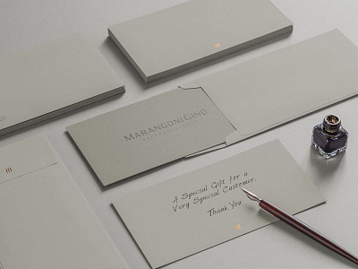 Marangoni Gino Thank you Card and Envelope brand copper hot foil elegant favini burano paper gift logo design minimal print design sober stationery thank you card