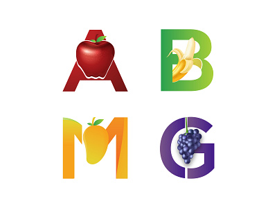 Fruit Letter Typography alphabet apple banana branding fruit fruits grape icon illustration letter mango minimal typography vector