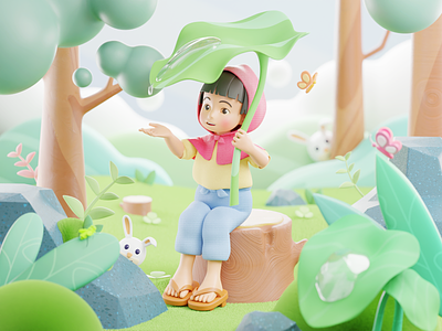 After Rain - 3D Illustrations 3d 3d character 3d illustrations 3d modeling anime blender branding character flores forest illustration japan landing page landscape nature ui