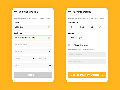 Form UI address android android app design app application button cart delivery form form design form field shipment shipping details text field tracking ui user interface ux yellow