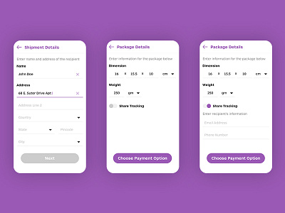 Form UI android app application button delivery form form design form field input field package purple shipping text field ui user interface ux violet