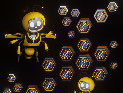 3D illustration of techno bee and sci-fi honeycomb. 3d bee blender design honeycomb robot sci fi