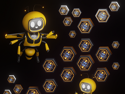 3D illustration of techno bee and sci-fi honeycomb.