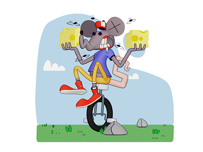 3D illustration. Crazy mouse with cheese on a unicycle
