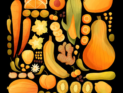 Yellow Fruits and Veggies advertising design digitalart editorial food graphicdesign healthy illustration organic vegan