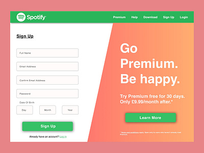 Spotify Signup Page daily challange daily ui challange design music photoshop signup signup page sketch spotify ui ui design ui designer ux ui web web desgin