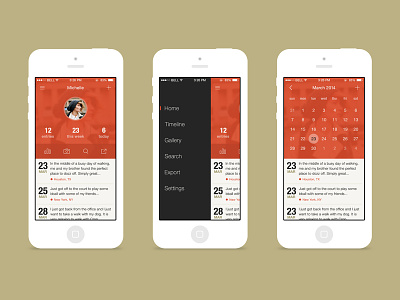 Profile, menu and calendar screens apple calendar graphic design ios menu mobile orange profile ui design