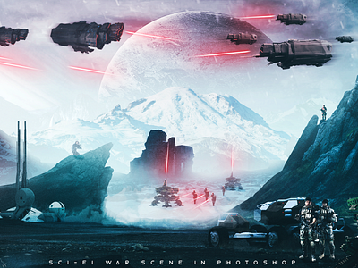 Sci-Fi War Scene adobe cold design exoplanet futuristic lasers lighting manipulation new photoshop renders sci fi ships starwars war winter world