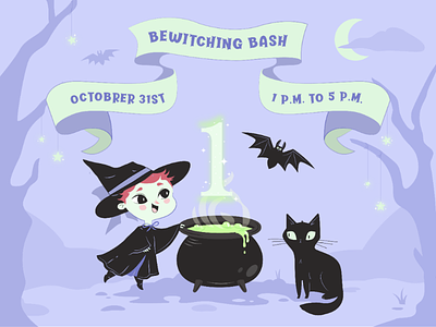 Little witch birthdat black cat halloween illustration illustrator invitation magic vector witch