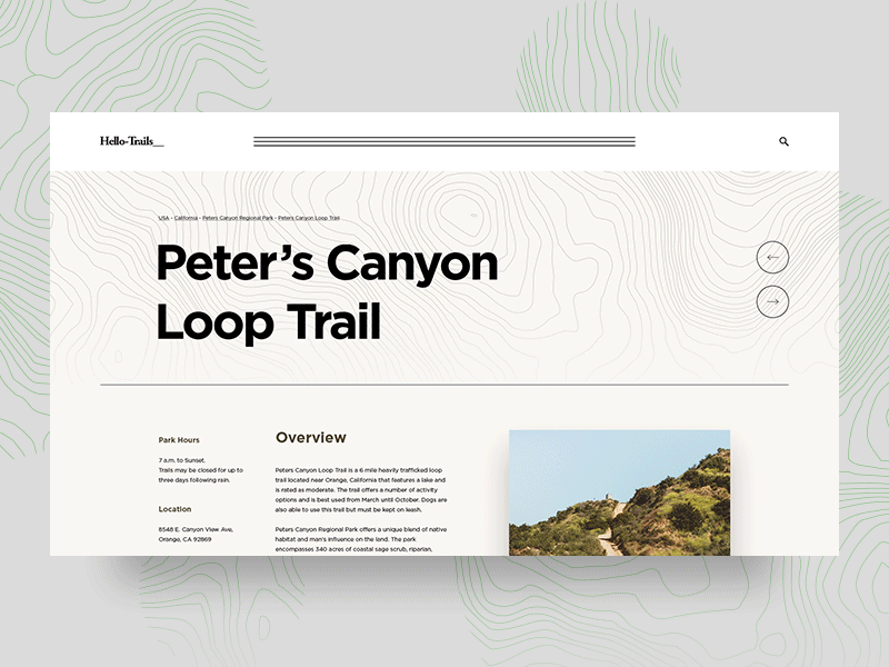Hello-Trails | Intro canyon design guide hamburger hiking map nav topographic trail trails ui