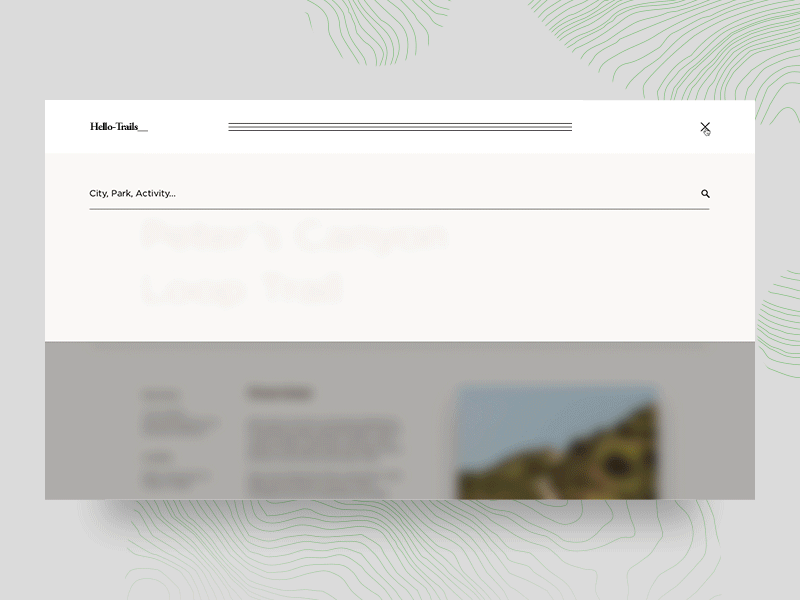 Hello-Trails | Search Animation design guide hiking map nav navigation topographic trail trails ui