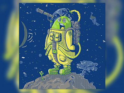 Monster in Space asteroid halftone illustration monster print space