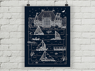 Night Sailing on Lake Harriet bandshell boat design fish french paper illustration line minneapolis poster screenprint