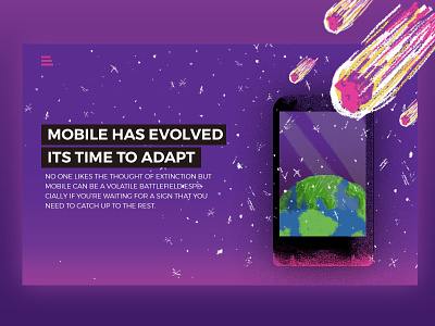 Mobile Evolution asteroid illustration landing page space stars thought leadership visual design web web design