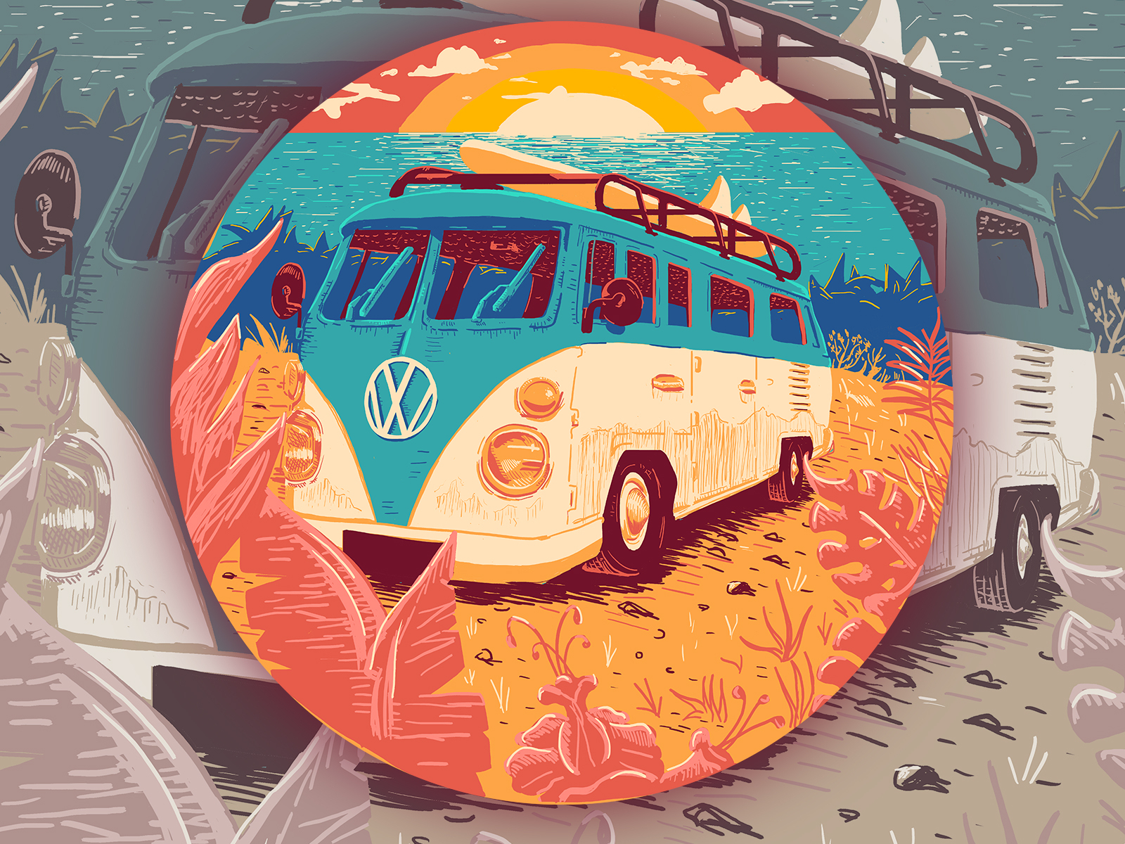 Coastin! bus design floral illustration ocean photoshop playoff stickermule sun sunset surf surf art volkswagen west coast