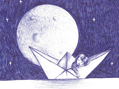 Boat blue boat drawing illustration moon nighttime stars