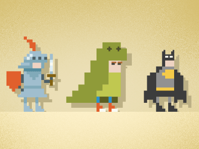 Heroes Queue animation knight batman dinosaur mascot dino pixel 16-bit bit
