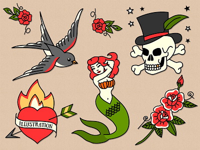 Roses are red,... burning heart hat illustration mermaid oldschool roses skull swallow tattoo
