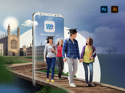 WB App's Graduates (Banner) ads advertising banner caleg cambridge university graduation graphic design happy student illustration offer photomontage poster scool student