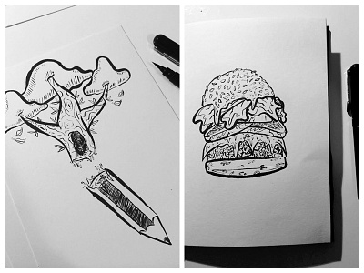 Brush pen scribbles in my blackbook blackandwhite brushpen hamburger illustration pencil sax sketch tree