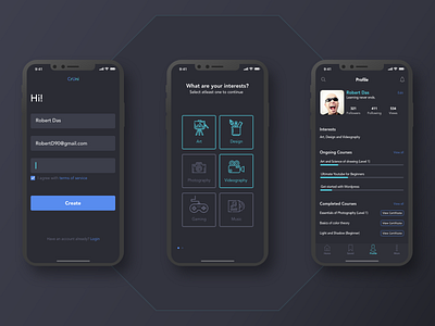 Here is my first shot. adobexd app design career app dark theme design education app ios ios app iphone iphonex onboarding profile page sign in signup ui ux xd