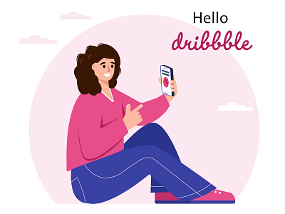 Hello dribbble app debut design flat hello dribble illustration mobile phone shot vector woman