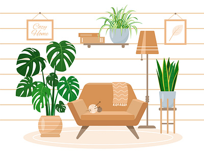Cozy home appartment cozy design flat flowers furniture home homeplant house hugge illustration interior living room modern plants room scandic trendy vector
