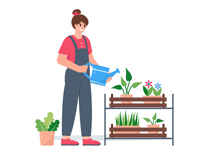 Gardening woman with plants. care character design flat florist flowers gardening girl graphic design growing hobby illustration plant shop watering woman