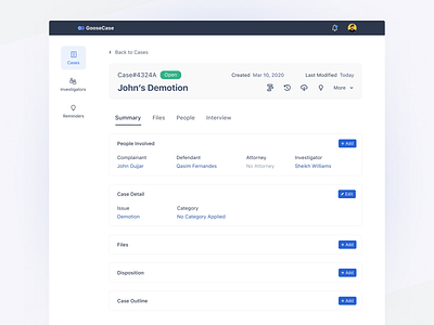 HR Investigation Tool dashboard interaction ixd saas app