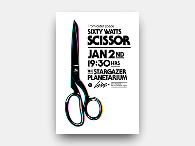 Sixty Watts - Scissor black black and white cutting edge design from outer space futurism gianmarco magnani illustration live minimalist music planetarium poster retro scifi scissor sicty watts space stargazer