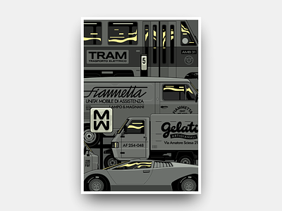 Parallax - Milan cardesign cars city design fiat futurism gianmarco magnani illustration italian italiandesign italy lamborghini milan minimalist poster retro tram travel vespa visit