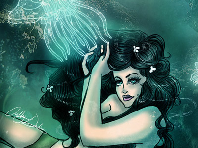 Underwater Illustration blue girl green illustration jellyfish ocean photoshop texture