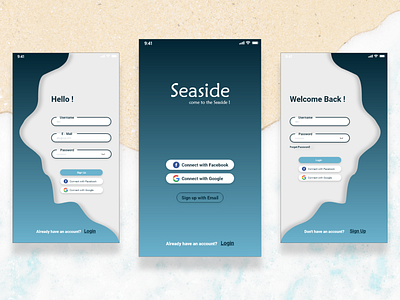 Seaside :) Adobe XD Practise adobe adobe xd app login login design login form login screen mobile mobile app mobile app design mobile design register register page sea seaside sign in sign up signup ui ux