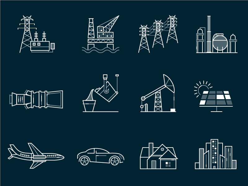GE Industry & Energy Consumption Icons city home plane car turbine smelting solar gas oil electricity energy industrial