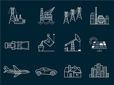 GE Industry & Energy Consumption Icons car city electricity energy gas home industrial oil plane smelting solar turbine